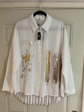 Image of New Made in Italy Lagenlook Gold Metallic Print Pleated Shirt Top-One Size BNWT