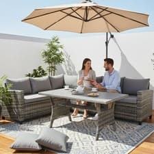 Image of Patio Rattan Furniture Set 5 Seater L-Shaped Corner Sofa Dining Table Set Grey 