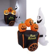 Image of 6ft Halloween Inflatable Ghost Pushing Pumpkin Cart Decor IP44 With Blower LED