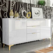 Image of Luxury White High Gloss 140cm TV Unit I Stand Sideboard I Gold Finish Accents