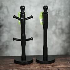 Image of Apollo Beech Wood Mug Tree & Paper Towel Kitchen Roll Holder Set - Black