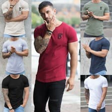 Image of Mens Slim Fit T Shirt Muscle Fit Gym Top Designer Short Sleeve Curved Hem Tee