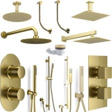 Image of Brushed Brass Concealed Thermostatic Shower Mixer Valve Kit, Arm, Head, Handsets