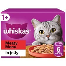 Image of 6 x 400g - Whiskas 1+ Adult Wet Cat Food Tins Mixed Meaty Menu In Jelly