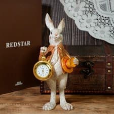 Image of Vintage Alice Wonderland Rabbit Figurine Resin Bunny Holding Pocket Watch Statue