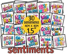 Image of 30 x MIXED MESSAGES SENTIMENTS Bright Colours *SMALL* Card Toppers 4cm (1.5”)