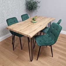 Image of Modern Dining Table Set With 4 Green Velvet Chairs Kitchen Dining Room Furniture