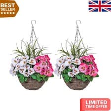 Image of Set of 2 Lifelike Artificial Hanging Baskets with Pink & White Pansies - 25cm