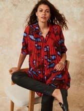 Image of Mint Velvet Size S Longline Blouse in Red Print, Long Sleeve, Machine Washable