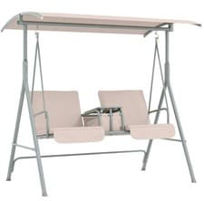 Image of 2 Person Covered Patio Swing w/ Pivot Table & Storage Console Padded Seat Beige