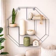 Image of Modern Metal Hexagon Wall Shelf - Stylish Grey Floating Storage, Geometric Decor