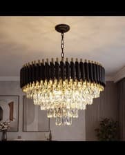 Image of Modern Black & Gold Crystal Chandelier Dimmable 5-Tier Round Ceiling Light . New