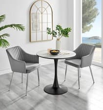 Image of Elina White Round Dining Table, Marble Effect & 2 Calla Silver Leg Velvet Chairs