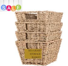 Image of Set of 4 Seagrass Storage Baskets, Sturdy, Rustic, Boho Style, Fits Shelves