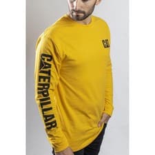 Image of Caterpillar Trademark Banner Long Sleeve T Shirt Yellow Tagless back neck for