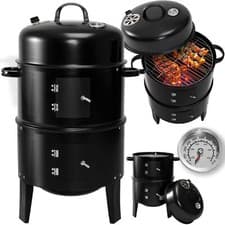 Image of 3-in-1 Vertical Charcoal BBQ Smoker Round Charcoal Grill with Thermometer, Black