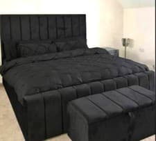 Image of Panel Bed Frame Plush Velvet Upholstered Double king size-Gaslift storage option