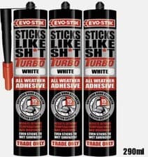 Image of 3 x Evo-Stik Sticks Like Sh*t Turbo Adhesive Sealant Fast Grab waterproof. White