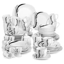 Image of VEWEET FIONA White Porcelain Dinnerware Set Striped Tableware Service for 4/6