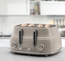 Image of Daewoo Sienna 4-Slice Toaster High Lift Handle 6 Settings Defrost Reheat - Taupe