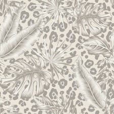 Image of Beige Grey Tropical Wallpaper Metallic Silver Leopard Print Feature Wall Bedroom