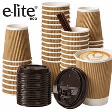 Image of Disposable 12oz Coffee Cups Paper Cups - Rippled Hot Drink - With/Without Lids