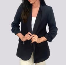Image of Womens Ladies Ruched Sleeve Fully Lined Blazer Collared Casual Formal Jacket Top