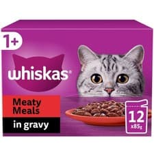 Image of 96 x 85g Whiskas 1+ Meaty Meals Mixed Adult Wet Cat Food Pouches in Gravy