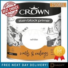 Image of CROWN STAIN BLOCK PRIMER WHITE PAINT 750ML FOR INTERIOR WALLS & CEILINGS NEW