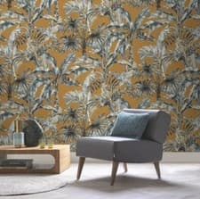 Image of Rasch Tropical Banana Palm Leaves Wallpaper Jungle Leaf Vinyl Blue Brown 485264.