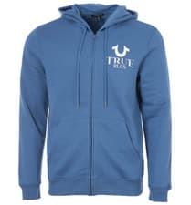 Image of True Religion HD Logo Zip Up Hooded Sweatshirt. Federal Blue. Size Large.