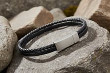 Image of Fred Bennett Double Row Black Leather Bracelet 21cm B5321