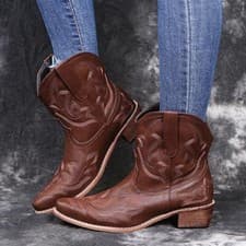 Image of Womens Short Wide Pointed Toe Cowgirl Cowboy Ankle Boots Ladies Western Shoes