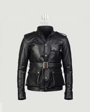 Image of Premium Men's Black Leather Safari Field Jacket - German Vintage Style - Belted