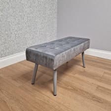 Image of Grey Velvet Padded Dining Bench with Metal Legs 90 cm Length