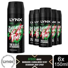 Image of Lynx Africa Body Spray 150ml 6 Pack Mens Deodorant 48H Mandarin Sandalwood Scent