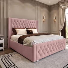 Image of Upholstered Ottoman Gas Lift Bed Frame Winged Plush Velvet Double & King Size