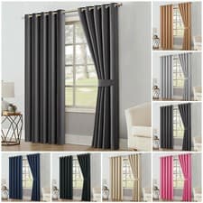 Image of Thick Thermal Blackout Curtains Ready Made Eyelet Ring Top Pair Panel +Tie Backs