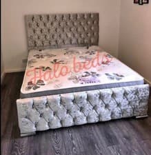 Image of NEW Silver Crushed Velvet chesterfield Diamante Bed Fame and Mattress