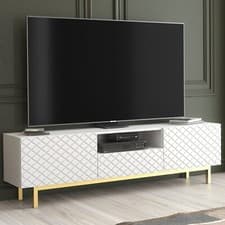 Image of 180cm TV Unit I Cabinet with Carved Doors & Gold Legs I White & Gold