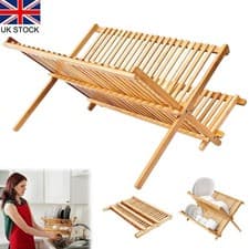 Image of Natural Bamboo Dish Drying Rack 2-Tier Folding Plate Cup Holder Kitchen Drainer