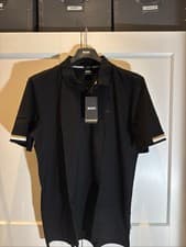 Image of HUGO BOSS MENS PARLAY 147 POLO SHIRT  BLACK WITH BOSS  TRIM SIZE S BNWT RRP£119 