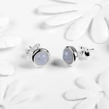 Image of Blue Lace Agate Stud Earrings Sterling Silver Round Studs Minimal Stud Earrings