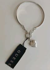 Image of GUESS SILVER BANGLE BRACELET - WITH ENGRAVED HEART LOGO CHARM - NEW WITH TAGS