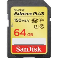 Image of SanDisk Extreme Plus 64 GB SDXC Memory Card, Up to 150 MB/s, Class 10, U3, V30
