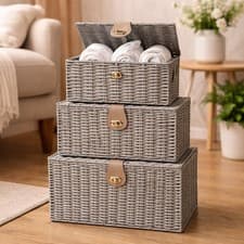 Image of Large Wicker Storage Basket 3pc Set Grey Gift Hamper Stackable Lid Lock Home