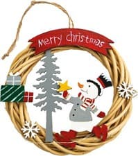 Image of Battery Powered Wicker Christmas Wreath with Snowman Design - Tree Decs