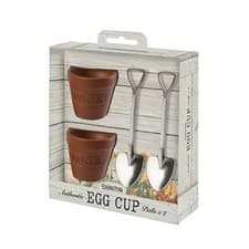 Image of Eddingtons Flower Pot Egg Cup Set With Shovel Spoons Gardeners Gift Eggcup Eggs