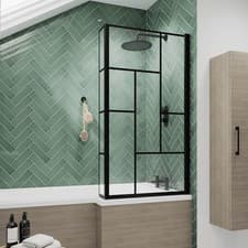 Image of Nuie Abstract Matt Black Framed L-Shaped Bath Screen 1430mm x 795mm - 6mm Glass