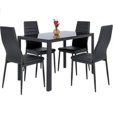 Image of Dining Table and 4 Chairs Set 120cm Tempered Glass Home Kitchen Furniture Black